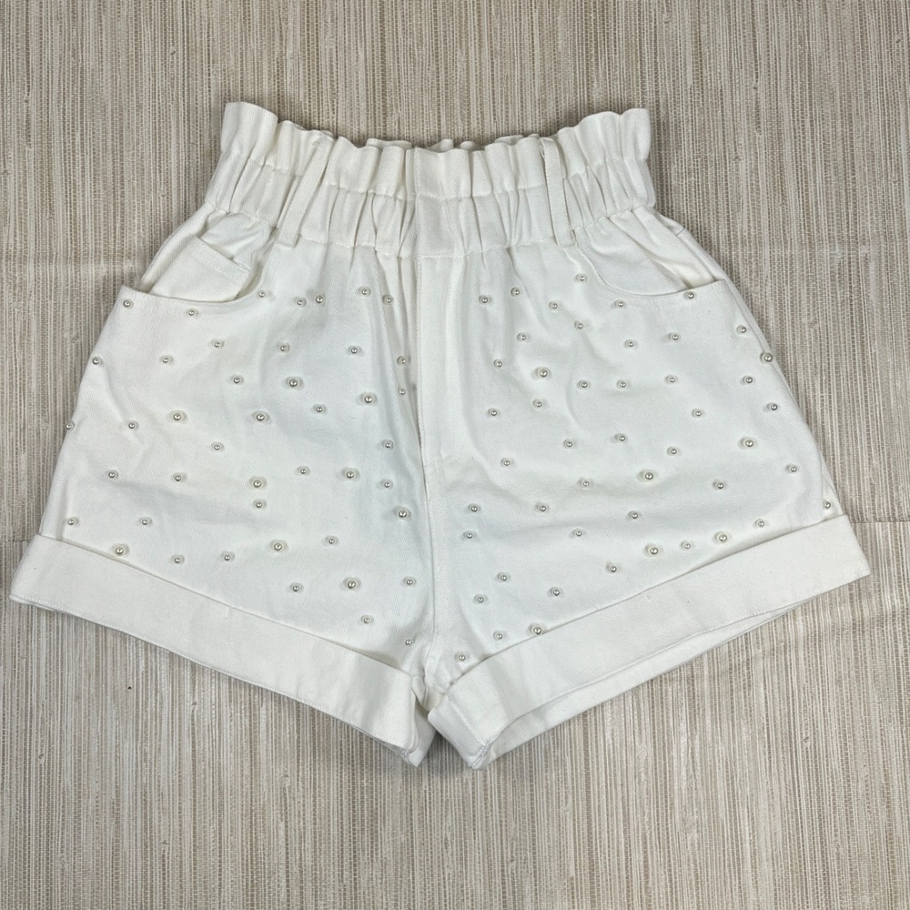Fantastic Fawn White Pearl Embellished Paperbag Waist Denim Shorts Preppy Ivy SM